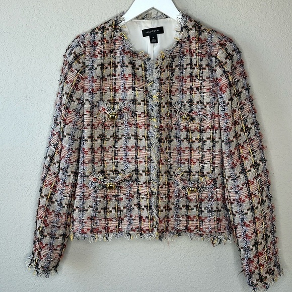 Halogen Tan Elsie Tweed Multicolored Frayed Edge Jacket Size Medium - Picture 2 of 11